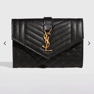 Saint Laurent Envelope Compact Tri-Fold Leather Wallet In Black W/ Gold …